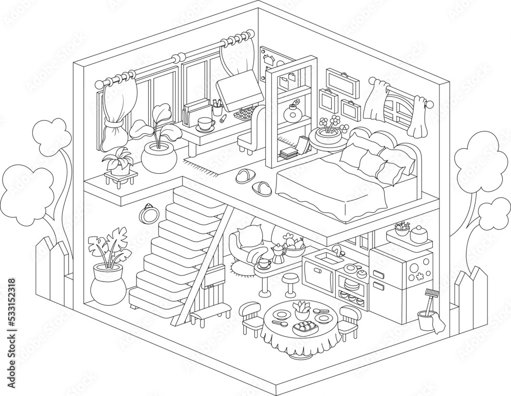 Vector isometric 3d house interior. Cute line home illustration with office, bedroom, living room, kitchen. Black and white cartoon rooms drawing. Cute building coloring page  .