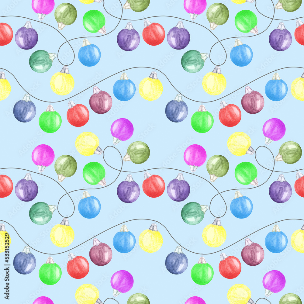 Hand drawn seamless pattern with lots of multicolored christmas tree balls for decoration x-mas and new year cards, invitations, web design. Aquarelle garland illustration on white background.