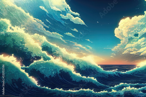 waves with sparkling parts from sunrise, anime illustration style