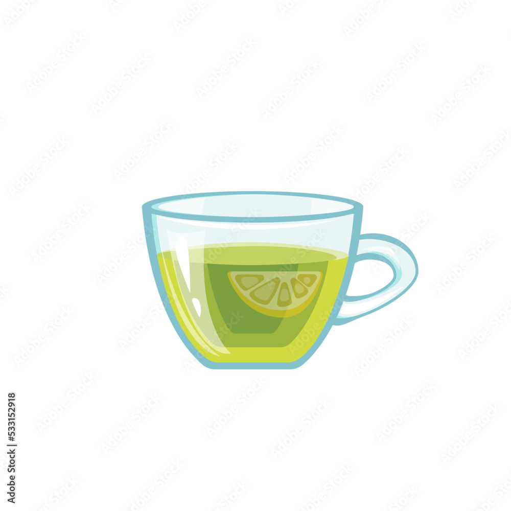 Transparent glass cup or mug of green tea with slice lemon inside on white background. Vector illustration. Flat style Transparent glass cup or mug of green tea with slice lemon inside on white background. Vector illustration. Flat style