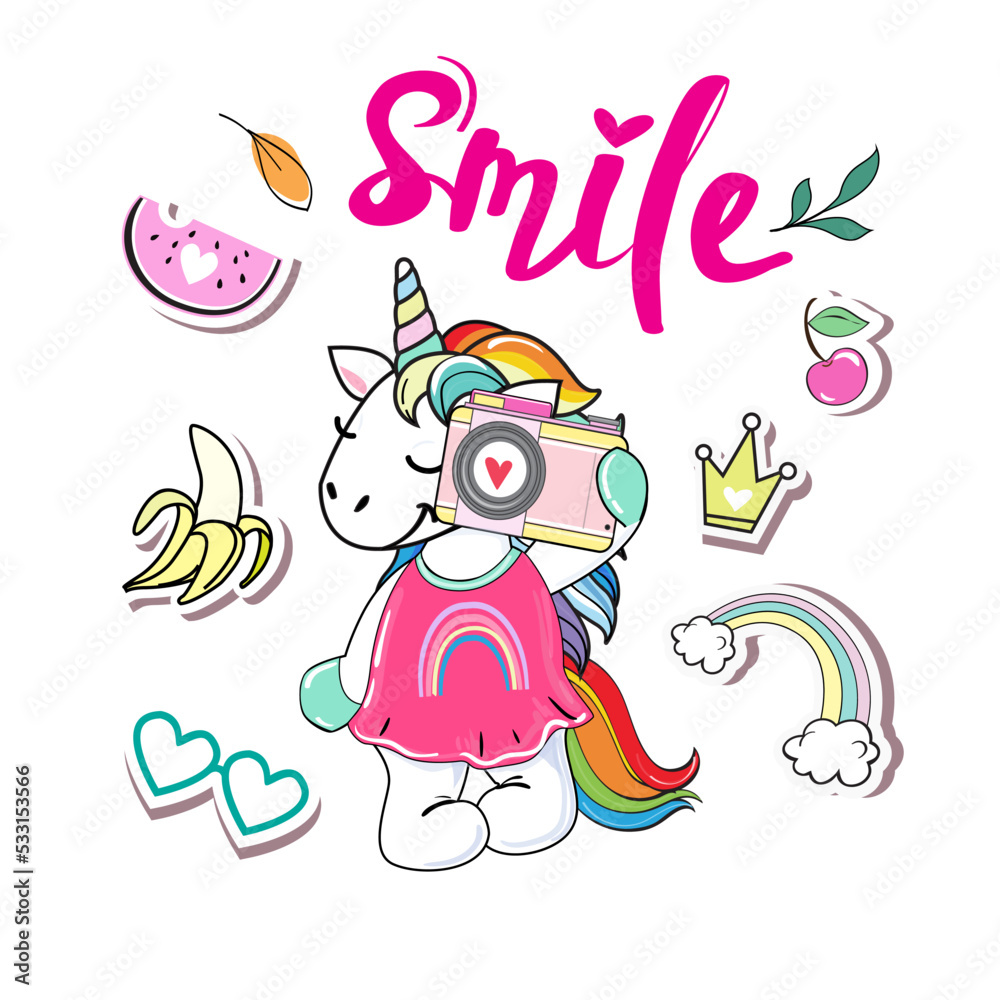Cute unicorn photographer and the inscription smile on a white