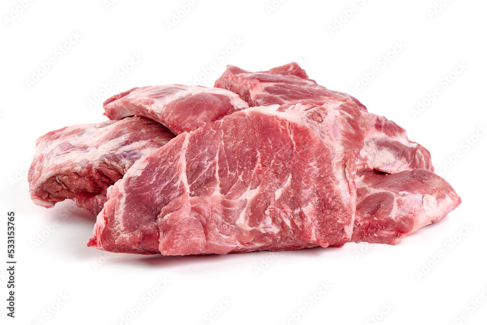 Pork Ribs, raw meat, close-up, isolated on white background.