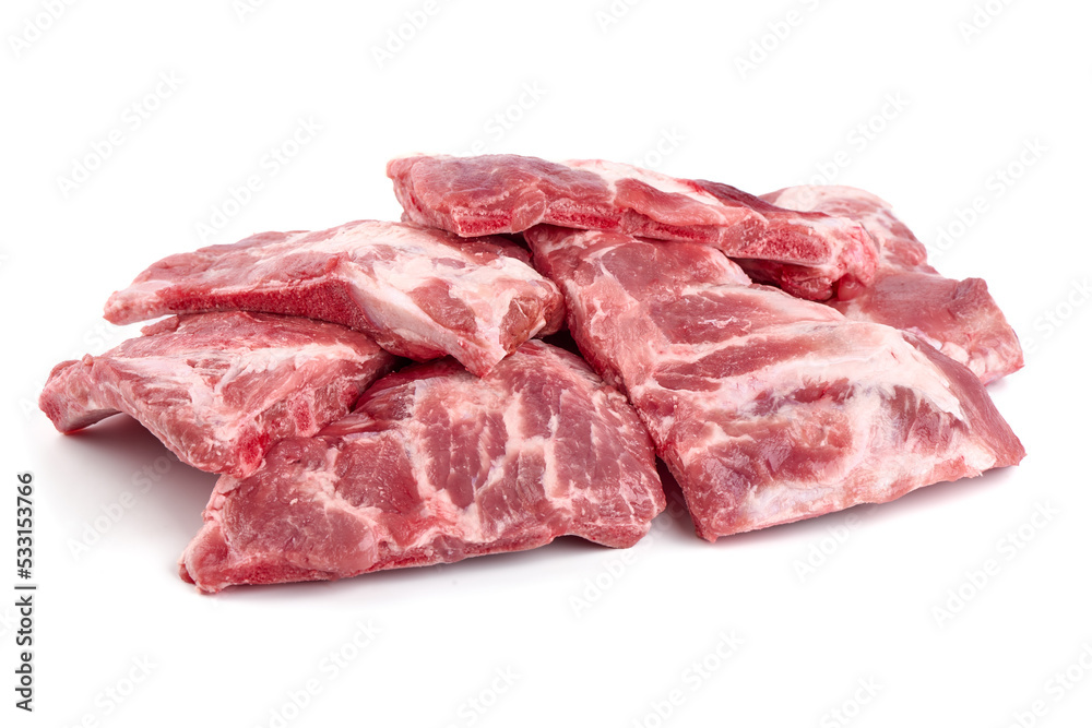 Pork Ribs, raw meat, close-up, isolated on white background.