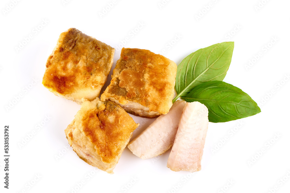 Grilled hake fish fillet, isolated on white background. Grilled hake fish fillet, isolated on white background.