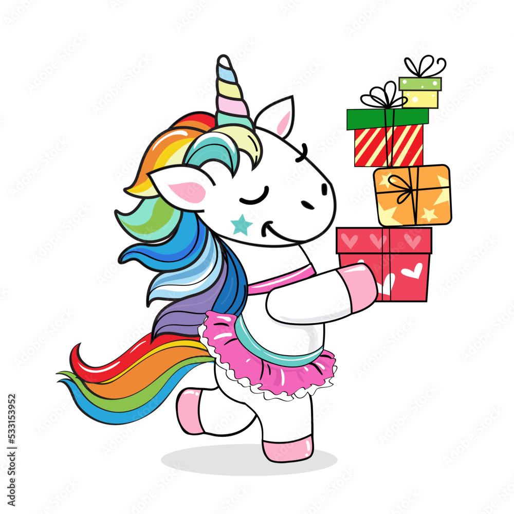 Funny unicorn carries boxes of birthday gifts on a white background. Kawaii style. Vector cartoon illustration Funny unicorn carries boxes of birthday gifts on a white background. Kawaii style. Vector cartoon illustration