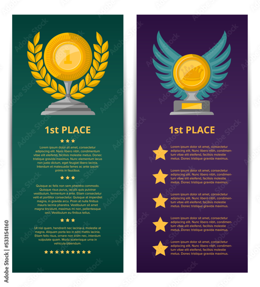Championship awards ceremony banners. Golden cup with laurel wreath, glassy trophy with wings