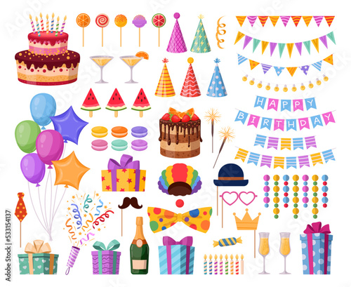 Cartoon Birthday party decorations  festive HB elements. Happy birthday cake  balloons  candles  garlands and sweets flat holiday vector illustrations set. Carnival party celebration collection