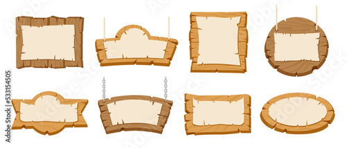 Cartoon wooden signboards with old papyrus paper placards. Wood board game ui interface elements, flat wooden frames vector illustration set. Hanging pointing signs collection