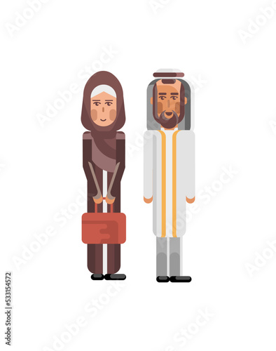 Arabic couple in traditional national clothes. Arab family isolated vector illustration.