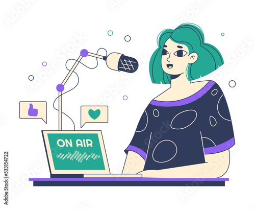 Woman recording podcast, interview or talk show record. Broadcast radio talk show, podcast audio record flat vector symbol illustration. Radio host characters