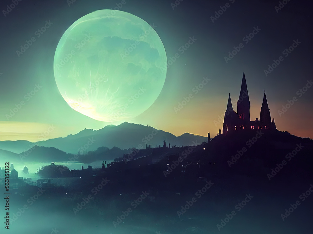 Starry Night Full Moon in the Sky. Castle on Mountain. Fantasy Backdrop Concept Art Realistic Illustration. Video Game Background Digital Painting CG Artwork Scenery Artwork Serious Book Illustration
