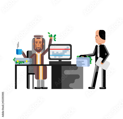 Business meeting arabic and european businessmen in office. Corporate business people isolated vector illustration.