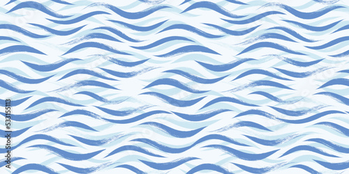Seamless Wave Pattern, Hand drawn water sea modern vector background. Wavy beach brush stroke, curly grunge paint lines, watercolor illustration