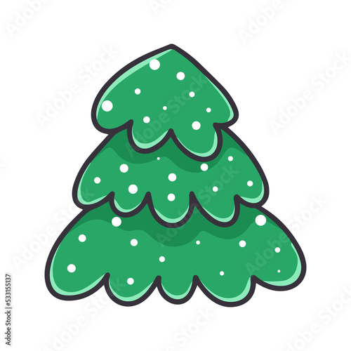 Green snowy spruce cartoon clipart. Single lush spruce tree. Pine tree in snow isolated evector illustration photo