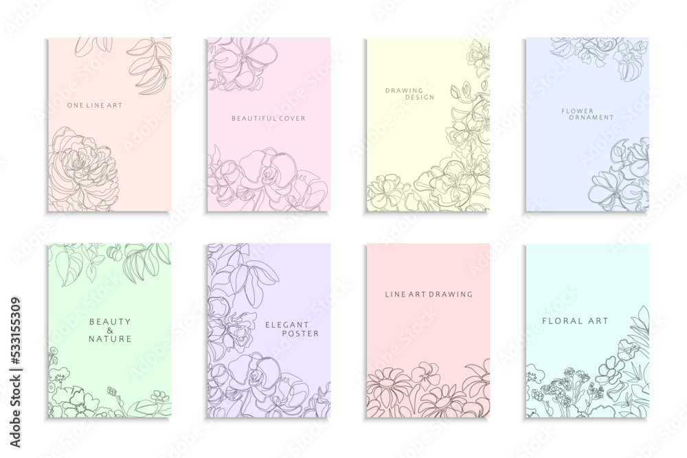 Collection of delicate floral covers, templates, placards, brochures, banners, flyers and etc. Colorful outline backgrounds, postcards, posters, invitation. Elegant cards with drawing flowers