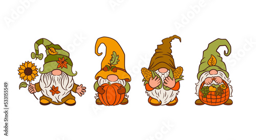 Cute fall gnomes set autumn harvest  clipart. Cottagecore garden theme. Sunflower, corn, vegetable basket. Funny nordic gnomes isolated on white background.