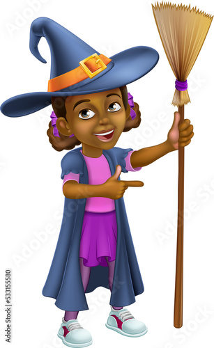 Black Girl Cartoon Child Halloween Witch Pointing