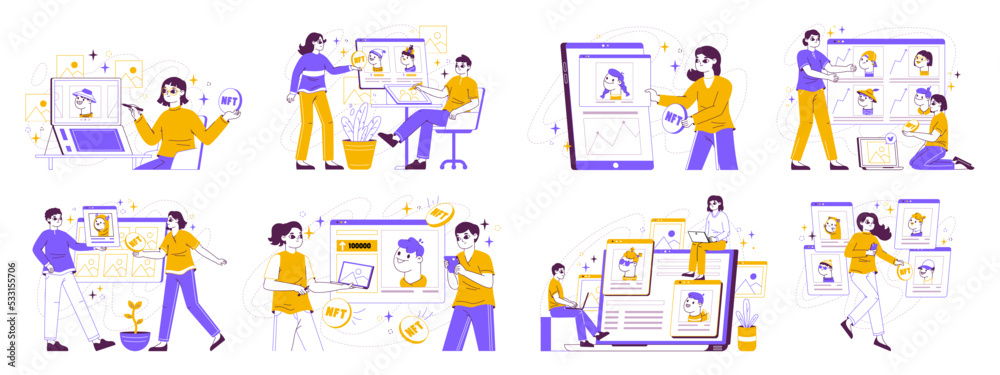 Outline non fungible token market, digital crypto art concepts. NFT tokens cryptocurrency selling and buying, crypto masterpieces flat vector illustration set. Exclusive NTF arts Outline non fungible token market, digital crypto art concepts. NFT tokens cryptocurrency selling and buying, crypto masterpieces flat vector illustration set. Exclusive NTF arts