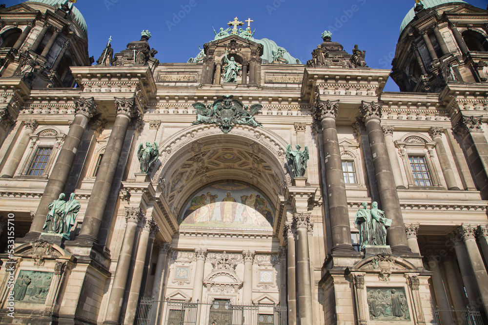 Detail of the ornate Neo-Renaissance facade and dome of the Berliner Dom, Berlin Cathedral, on the eastern shores of the Museumsinsel in the Spree river, Berlin.
