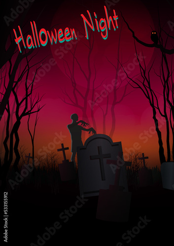 leaflet poster Halloween Night Zombie In a desolate cemetery filled with red sky graves. Vector Template Used For Decoration, Advertising Design, Website Or Publication, Banner Cover And Brochure