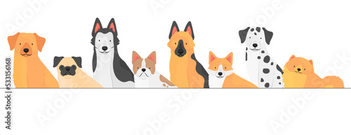 Illustration with dogs of different breeds with space for text. A concept with cute pets dogs. Vector illustration template.
