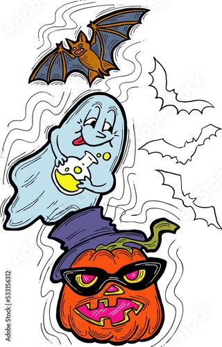 Halloween decorative design composition with pumpkin. ghost, bat. Hand drawn illustration for poster print, party invitation, sale promotion, banner advertisement. Funny, scary cartoon characters.