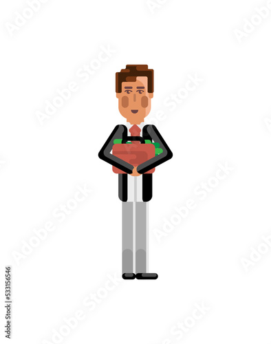 European clerk in business suit holds suitcase with money. Corporate business people isolated vector illustration.