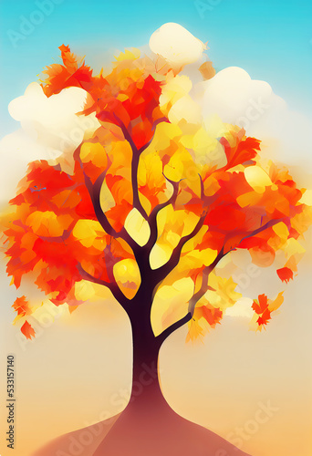 Beautiful abstract autumn tree with lush foliage. Flat picture. Digital illustration