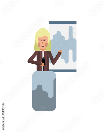 Blonde woman on tribune doing business presentation with financial diagram. Corporate business people isolated vector illustration.