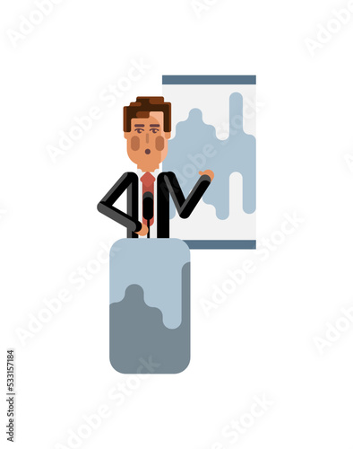 European speaker on tribune doing business presentation with financial diagram. Corporate business people isolated vector illustration.