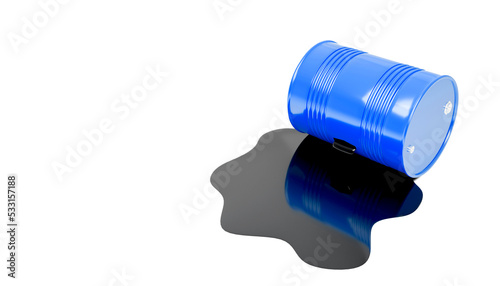 3d render of a damaged blue colored metal oil barrel with copy space isolated on a white background.