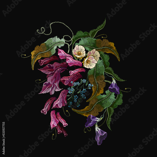 Embroidery. Meadows herbs and white apple flowers. Fashion template for design of clothes, tapestry. Garden art