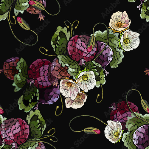 Wallpaper Mural Embroidery blossoming plum and white flowers on black background. Seamless pattern. Botanical harvest and garden art. Template fashionable clothes, t-shirt design Torontodigital.ca