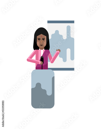 Indian woman on tribune doing business presentation with financial diagram. Corporate business people isolated vector illustration.