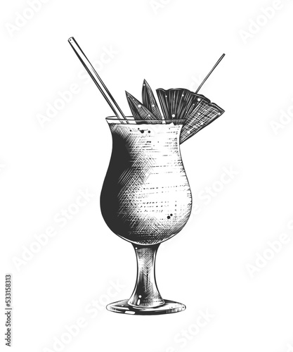 Vector engraved style illustration of Pina Colada for posters, decoration, logo, menu and print. Hand drawn colorful sketch of summer cocktail isolated on white background. Detailed vintage woodcut
