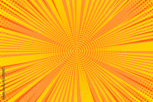 Yellow and orange sunburst with circle and line at center and corner for cartoon background.