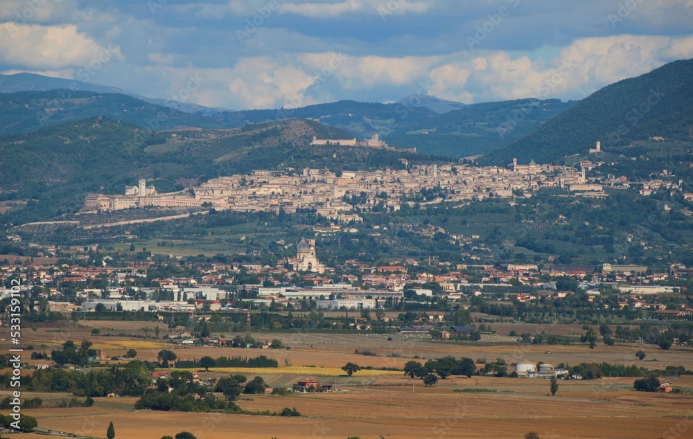 Italy, Umbria: Panoramic view of Assisi from Bettona.