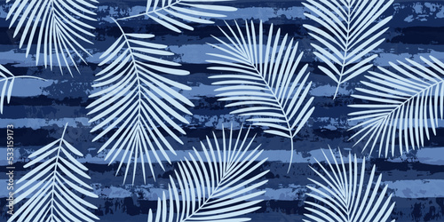 Tropical pattern, palm leaves seamless vector floral background. Exotic plant on blue stripes print illustration. Summer nature jungle print. Leaves of palm tree on paint lines. ink brush strokes