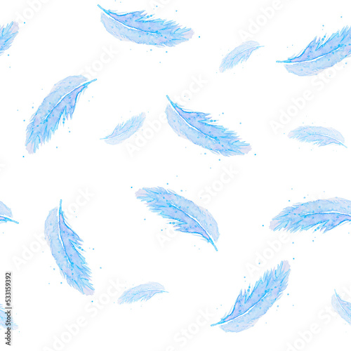 Watercolor hand painting of light blue feathers with drops color isolated on white background for seamless pattern. illustration basic watercolor for background concept.