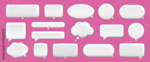 3d icon white speech bubble. Empty text bubbles in various shapes, comment, dialogue balloon vector set. Thought clouds. Isolated on purple background
