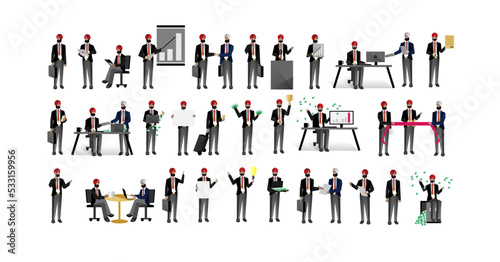 Indian businessmen in different situations big set. Corporate partnership and teamwork, office life, social collaboration, professional business community. People in strict suit vector illustration.