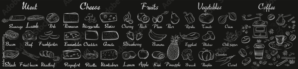 Chalk food and grocery product thin line icons set vector illustration. Hand drawn cafe, restaurant or supermarket menu with sketch elements on blackboard, meat and cheese, vegetable and friut