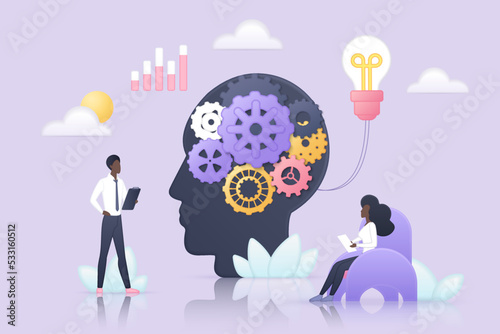 Effective idea development, mind growth and learning experience vector illustration. Tiny people engineering cog machine in human head with gears in brain, self education and research process