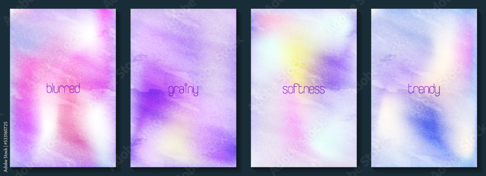 Blurred grainy backgrounds set with modern abstract soft color gradient patterns. Trendy soft grain gradient illustration and smooth templates collection for brochures, posters, banners, flyers 