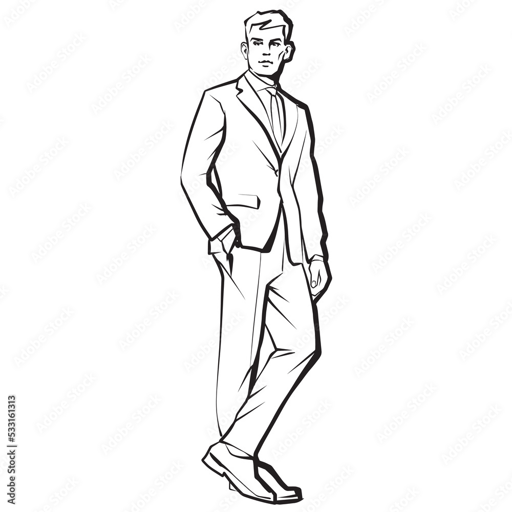 Businessman in suit standing, abstract ink drawing vector silhouette. Male fashion model Businessman in suit standing, abstract ink drawing vector silhouette. Male fashion model