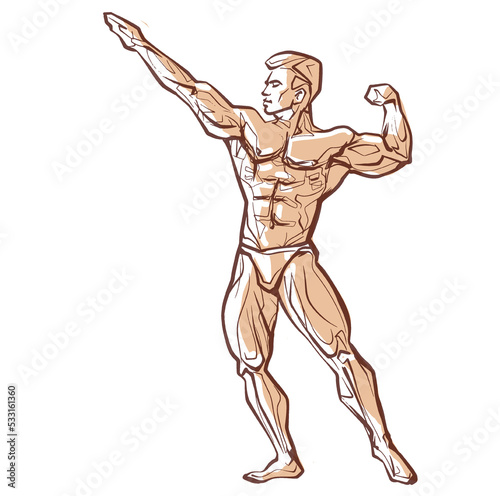 Fitness men posing. Muscular man stands, rippling athlete, sprinter. Vector drawing