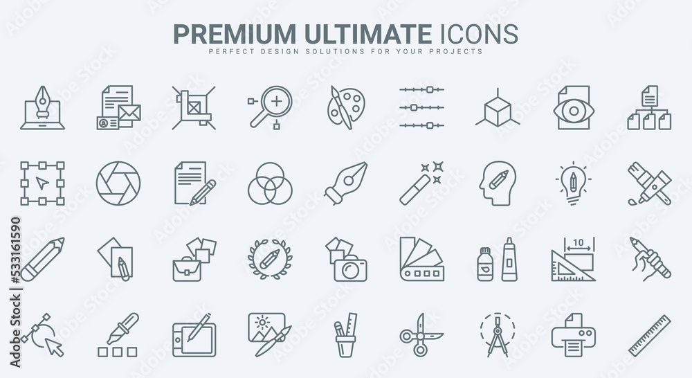 Graphic design thin line icons set vector illustration. Outline tools for creative projects of designer, software and stationery for interface panel in mobile app, pack for creators portfolio Graphic design thin line icons set vector illustration. Outline tools for creative projects of designer, software and stationery for interface panel in mobile app, pack for creators portfolio