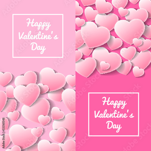 Happy valentines day greeting card templates with pink hearts. Romantic love event celebration, elegant wedding invitation. Layout for gift voucher or retail discount proposition vector illustration