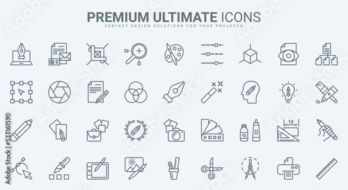 Graphic design thin line icons set vector illustration. Outline tools for creative projects of designer, software and stationery for interface panel in mobile app, pack for creators portfolio