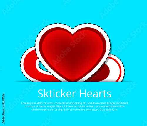 Happy valentines day greeting card template with red hearts stickers. Romantic love event celebration, elegant decorated wedding invitation. Layout for retail discount proposition vector illustration.